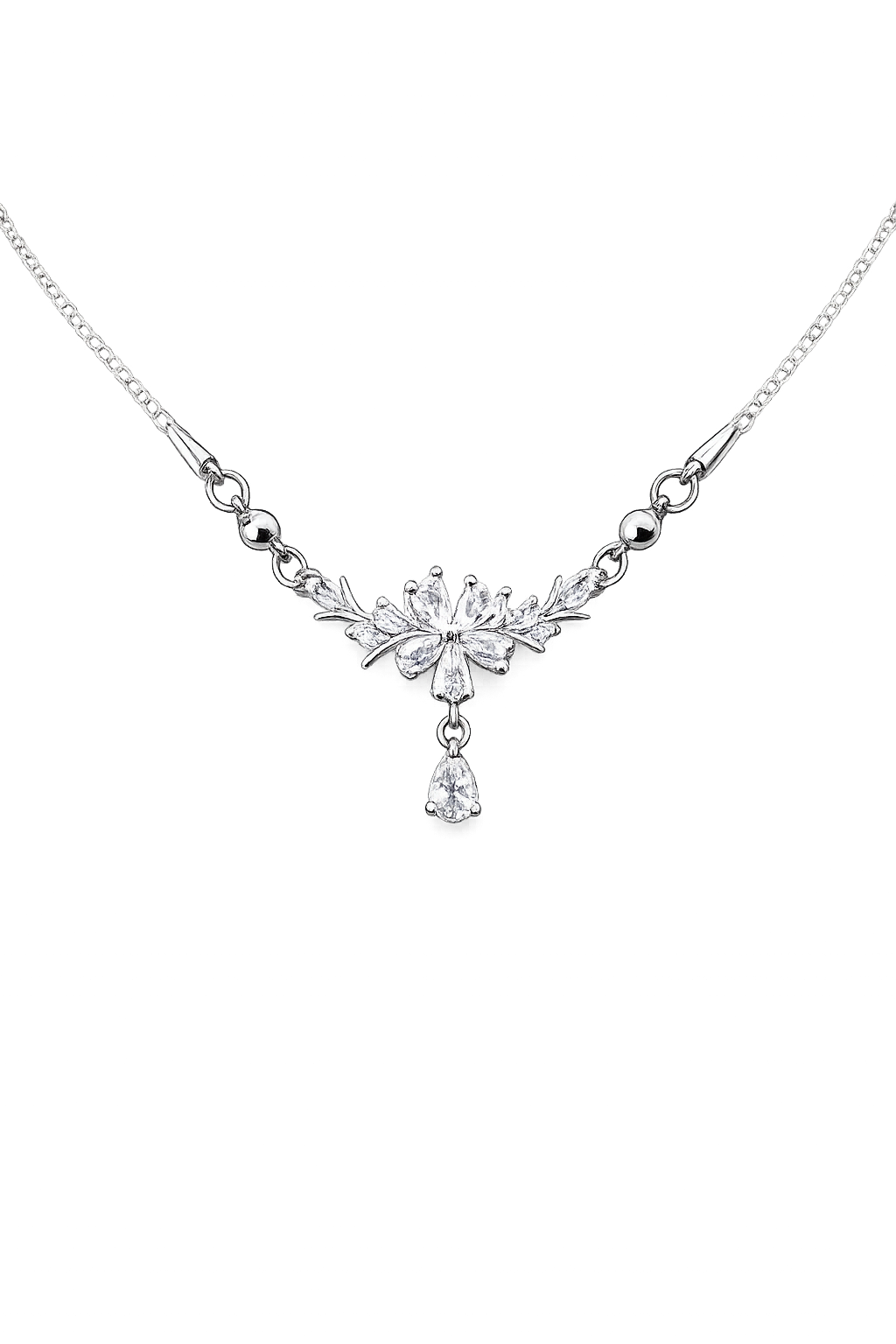 Minimalist Silver Flower Necklace with Drop Pendant – Wedding & Evening Jewelry