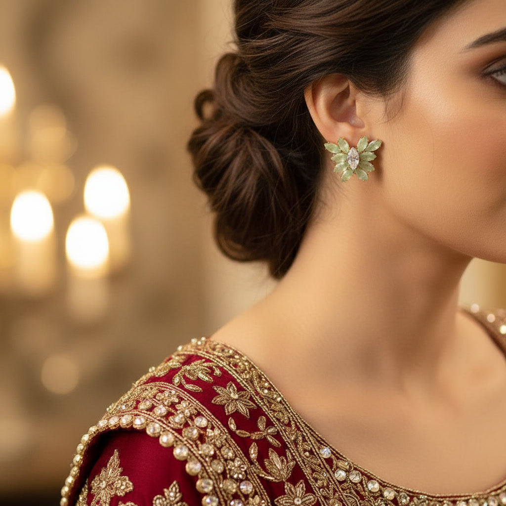 Floral Green Gemstone Earrings for Women – Party & Festive Statement Studs