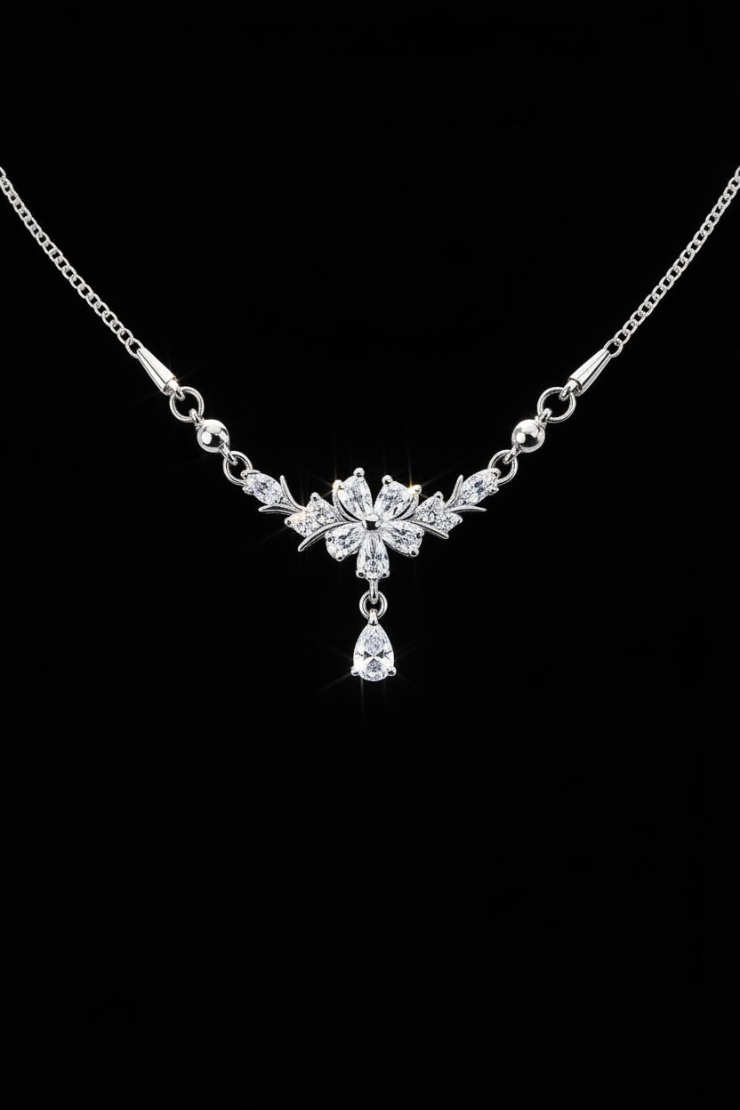 Minimalist Silver Flower Necklace with Drop Pendant – Wedding & Evening Jewelry