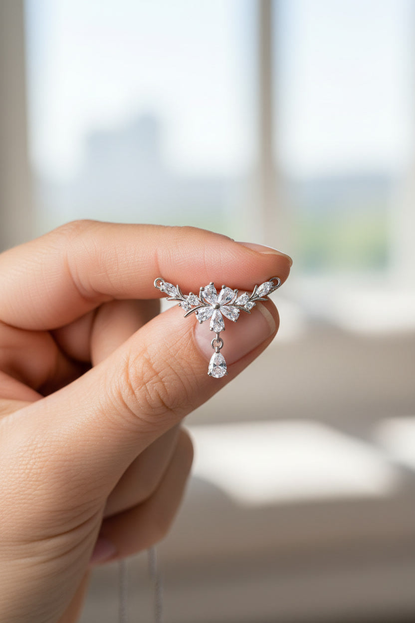 Minimalist Silver Flower Necklace with Drop Pendant – Wedding & Evening Jewelry