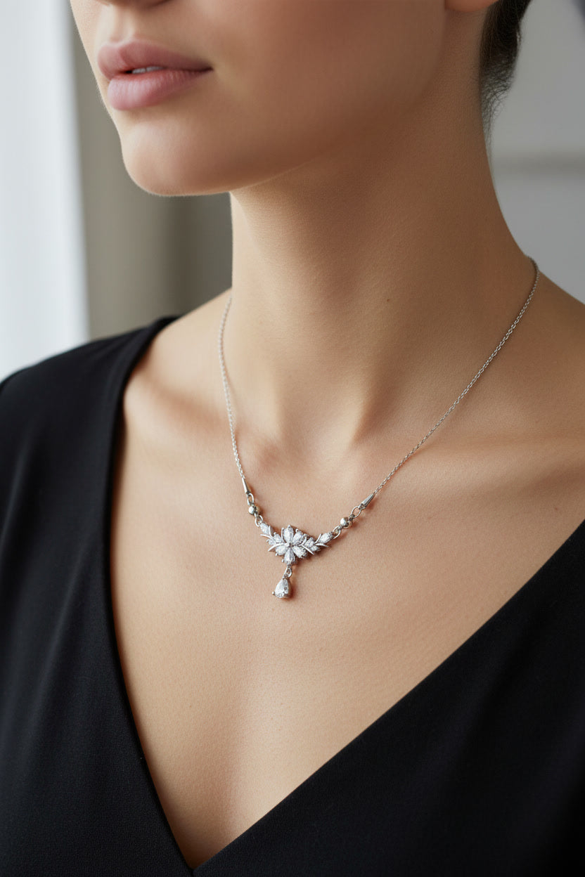 Minimalist Silver Flower Necklace with Drop Pendant – Wedding & Evening Jewelry
