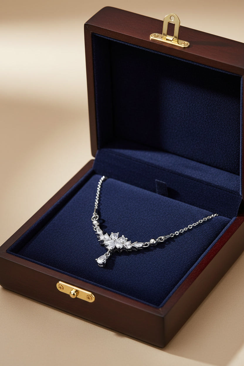 Minimalist Silver Flower Necklace with Drop Pendant – Wedding & Evening Jewelry